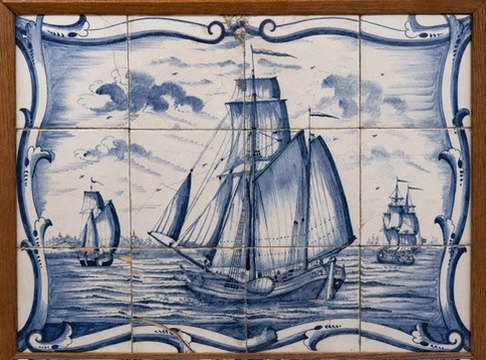 Het antieke tegeltableau met een kofschip, de prijs van 1938